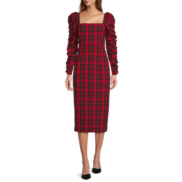NWT Antonio Melani Elena Plaid Square Neck Long Ruched Sleeve Dress - Picture 2 of 4